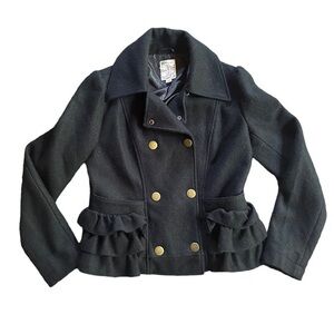 Anthropologie Tulle Black Wool Ruffle Double Breasted Coat Size Medium Military